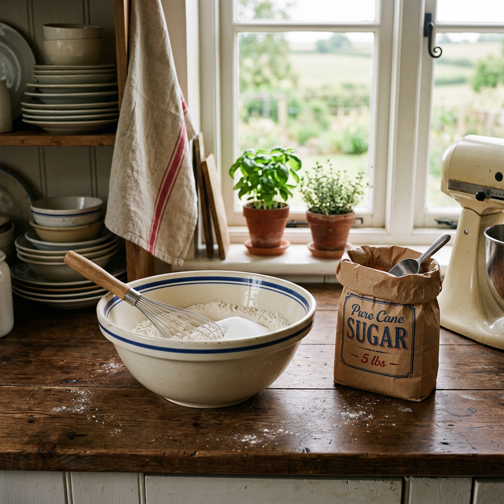 Mixing bowl with flour and sugar, brown paper sugar bag, whisk, and vintage stand mixer on wooden kitchen countertop